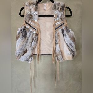 Beaded Fringe Real Fur Vest - Neutral Tan